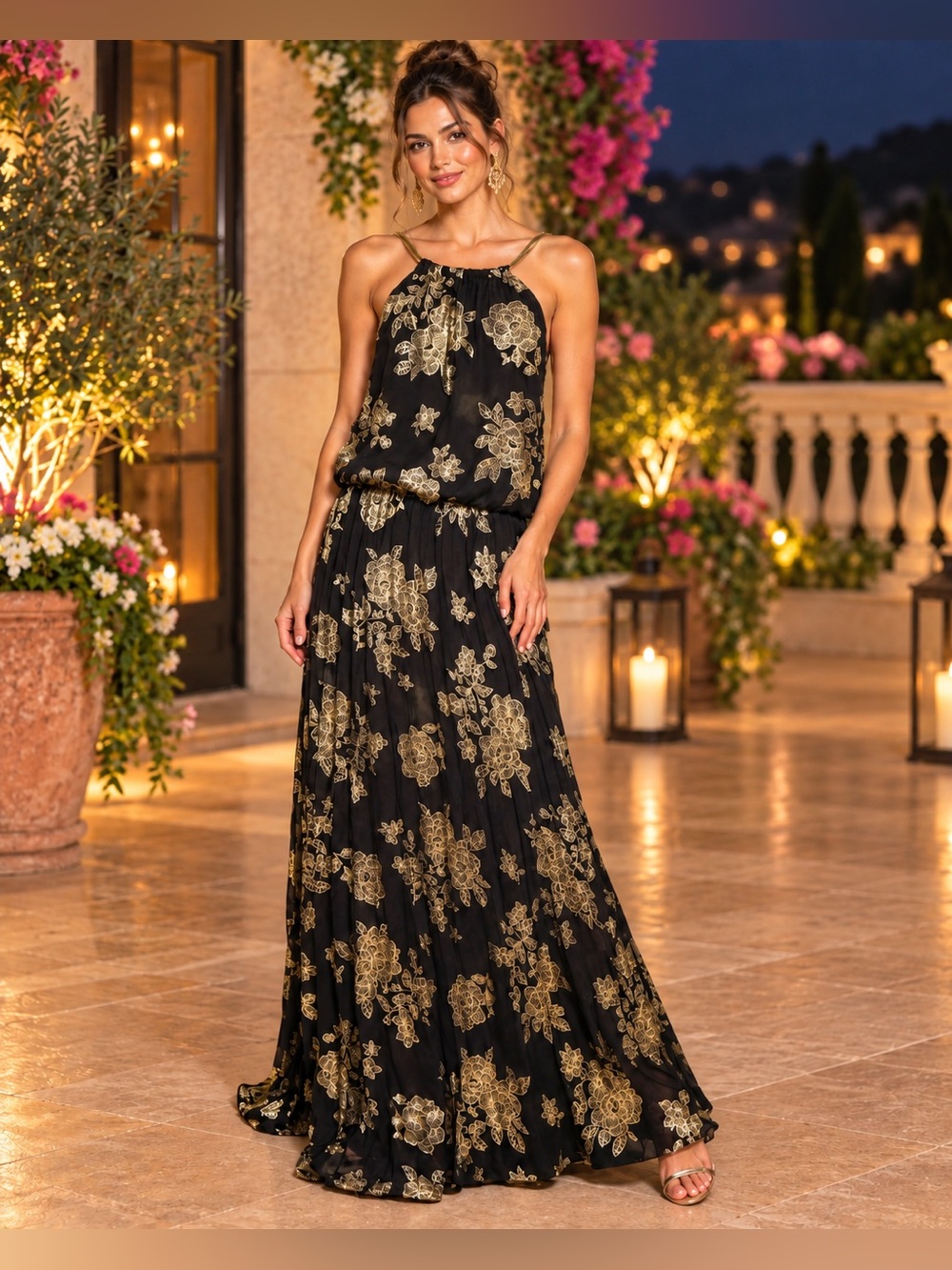 Crystal Doll Black Gold Metallic Floral Maxi Dress Size L NWT Formal Evening